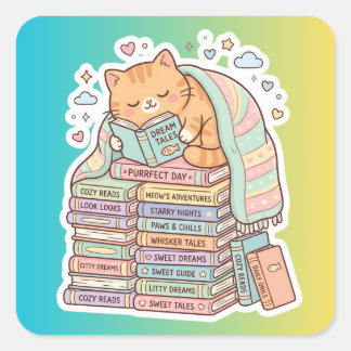 Pegatina Cuadrada Gato Gusano de Libro Acogedor Gato Leyendo