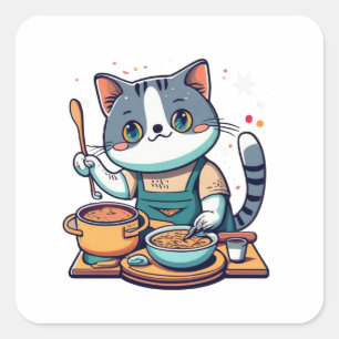 Pegatina Cuadrada Gato Haciendo Sopa 