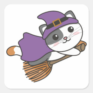 Pegatina Cuadrada Gato Halloween Brujas Niños Brujas Disfraces Cuadr