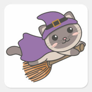 Pegatina Cuadrada Gato Halloween Brujas Niños Brujas Disfraces Cuadr