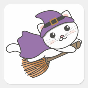 Pegatina Cuadrada Gato Halloween Brujas Niños Brujas Disfraces Cuadr