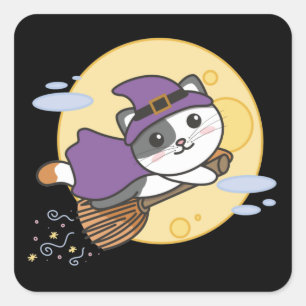 Pegatina Cuadrada Gato Halloween Brujas Niños Vestidos