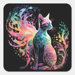 Pegatina Cuadrada Gato holográfico espectral: un prisma de elegancia