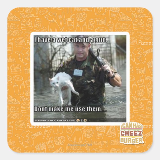 Pegatina Cuadrada Gato húmedo y arma (Anverso)
