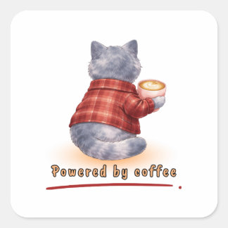 Pegatina Cuadrada Gato "Impulsado por Café" Sosteniendo una Taza de 