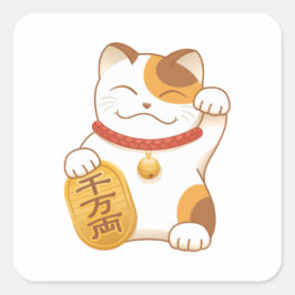 Pegatina Cuadrada Gato japonés con suerte de calico, Maneki Neko