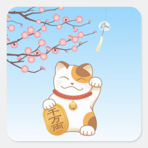 Pegatina Cuadrada Gato japonés con suerte de calico, Maneki Neko
