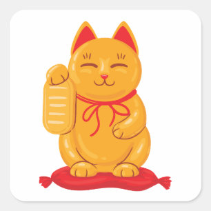 Pegatina Cuadrada Gato japonés maneki neko de oro, símbolo de riquez