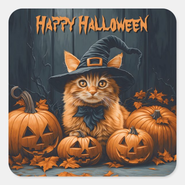 Pegatina Cuadrada Gato jengibre con calabazas Halloween (Anverso)
