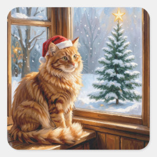 Pegatina Cuadrada Gato Jengibre de Navidad