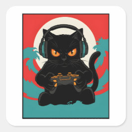 Pegatina Cuadrada Gato Jugador Divertido Auriculares Controlador Ret