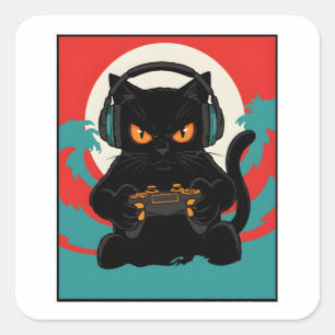 Pegatina Cuadrada Gato Jugador Divertido Auriculares Controlador Ret
