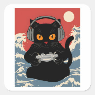 Pegatina Cuadrada Gato Jugador Divertido Auriculares Controlador Ret