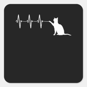 Pegatina Cuadrada Gato Jugando Con EKG Heartbeat Line Funny Kitty