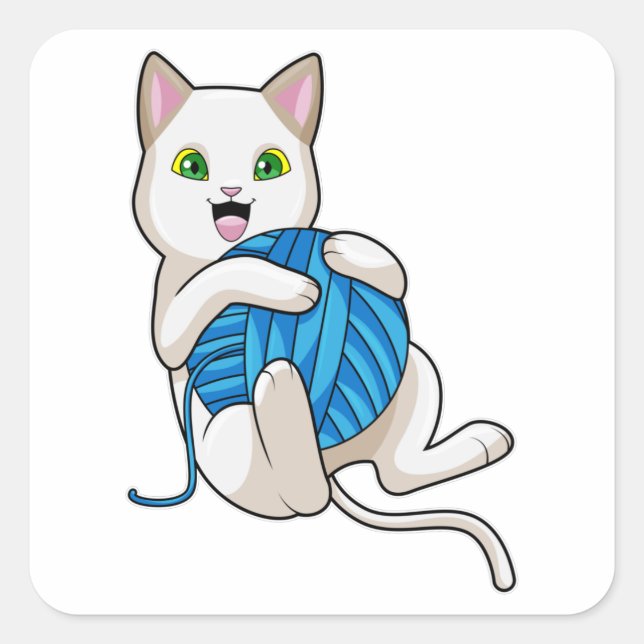 Pegatina Cuadrada Gato jugando lana (Anverso)