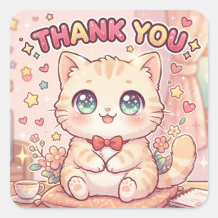 Pegatina Cuadrada Gato Kawaii Anime Chibi Gracias