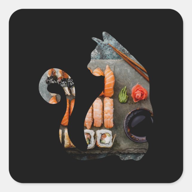 Pegatina Cuadrada Gato Kawaii comiendo fideos de Ramen himno japonés (Anverso)