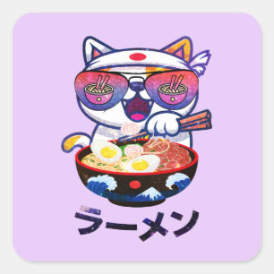 Pegatina Cuadrada Gato Kawaii comiendo fideos Ramen