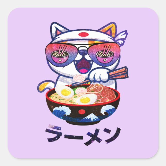 Pegatina Cuadrada Gato Kawaii comiendo Ramen - Aburridos fideos japo (Anverso)