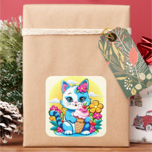Pegatina Cuadrada Gato Kitty con helado Summer Kawaii Personaje