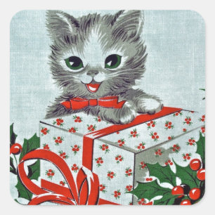 Pegatina Cuadrada Gato Kitty De Navidad Vintage Con Regalo