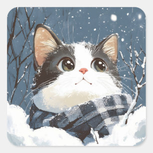 Pegatina Cuadrada Gato lindo acogedor nieve de invierno