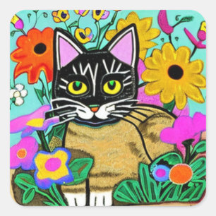 Pegatina Cuadrada Gato lindo con arte popular florido