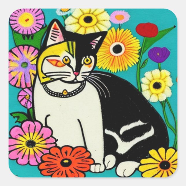 Pegatina Cuadrada Gato lindo con flores amarillas arte popular (Anverso)