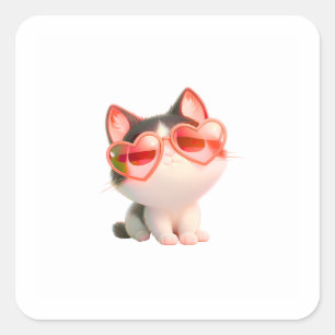 Pegatina Cuadrada Gato Lindo con Gafas de Sol de Corazón Adorable