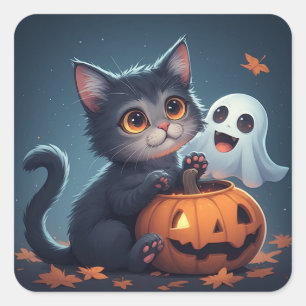 Pegatina Cuadrada Gato Lindo de Halloween con Fantasma y Calabaza 🎃