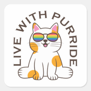 Pegatina Cuadrada Gato lindo en vivo con gafas Purride Pride Flag