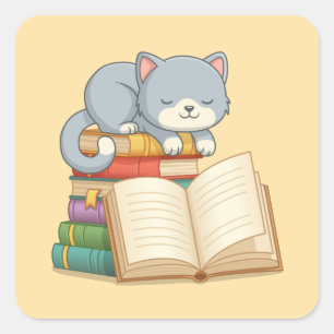 Pegatina Cuadrada Gato lindo encima de una pila de libros amarillos