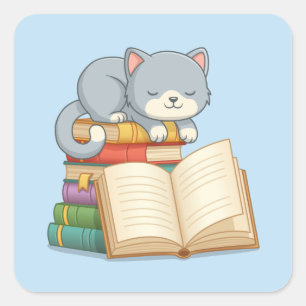 Pegatina Cuadrada Gato lindo encima de una pila de libros azul