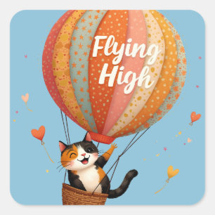 Pegatina Cuadrada Gato Lindo Globo Aerostático Arte Caprichosa