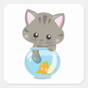 Pegatina Cuadrada Gato Lindo Señora Gato Loco Gatito Lindo Pescado