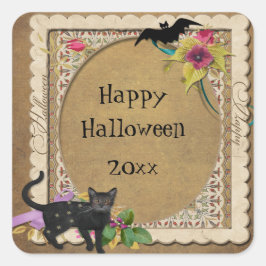 Pegatina Cuadrada Gato Lindo y Murciélago Vintage Halloween
