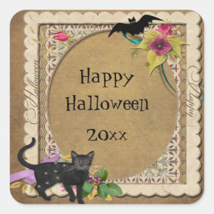 Pegatina Cuadrada Gato Lindo y Murciélago Vintage Halloween