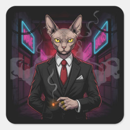 Pegatina Cuadrada Gato Mafia Sphynx en Estilo Neon Noir