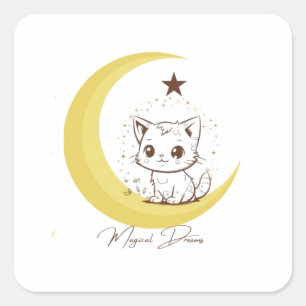 Pegatina Cuadrada Gato Mágico Adorable en Sueños Estrellados de Luna