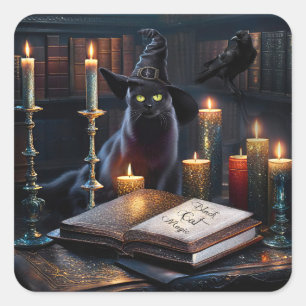 Pegatina Cuadrada Gato Mágico Negro Místico de Halloween