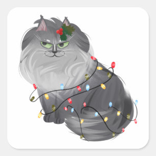 Pegatina Cuadrada Gato Maine Coon con decoraciones de Navidad