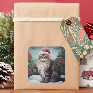Pegatina Cuadrada Gato Maine Coon en Navidad Nieve