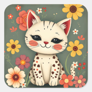 Pegatina Cuadrada Gato Manchado Feliz con Flores