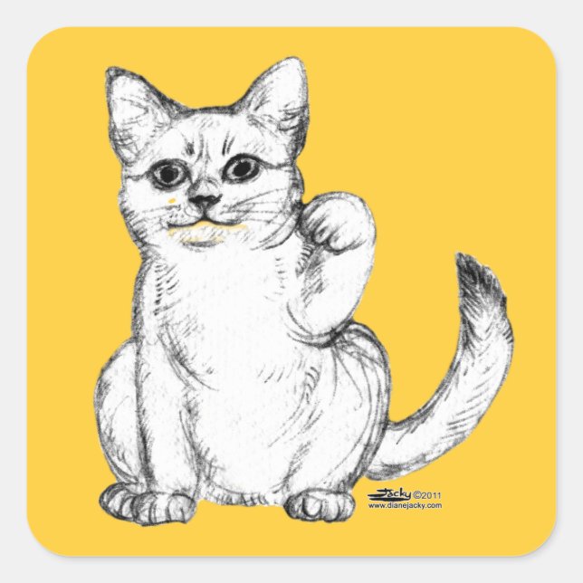 Pegatina Cuadrada Gato Maneki Neko Atrayendo (Anverso)