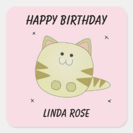 Pegatina Cuadrada Gato marrón lindo patrón rosa feliz cumpleaños