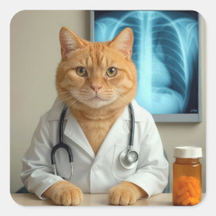 Pegatina Cuadrada Gato Médico Pelirrojo Con Estetoscopio