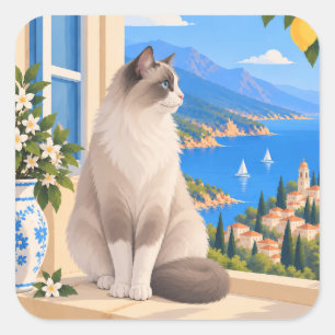 Pegatina Cuadrada Gato Mediterráneo Ragdoll Marrón Blanco