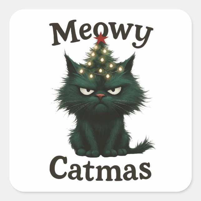Pegatina Cuadrada Gato Meowy Catmas Malhumorado (Anverso)