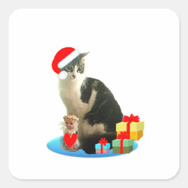 Pegatina Cuadrada Gato Merlin de Navidad adorable