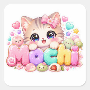 Pegatina Cuadrada Gato Mochi Kawaii Lindo Nombre Rosa Pastel Brillan